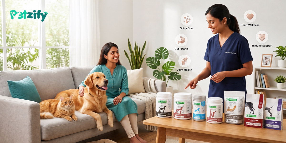 Pet parent with a dog and cat while a veterinarian explains a range of pet supplements for coat, gut, joint, heart and immune health